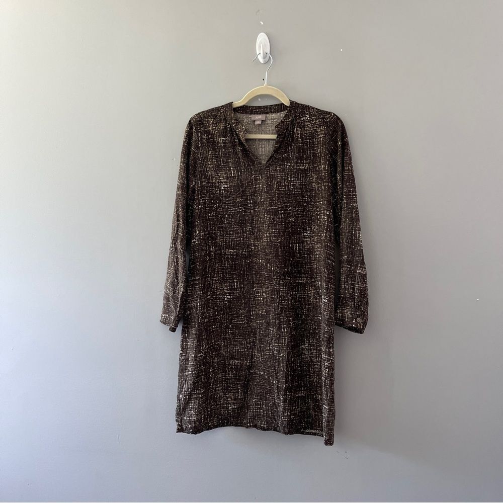 J Jill Brown Silk Shirt Dress V Neck Long Sleeve Neutral Womens Size SP